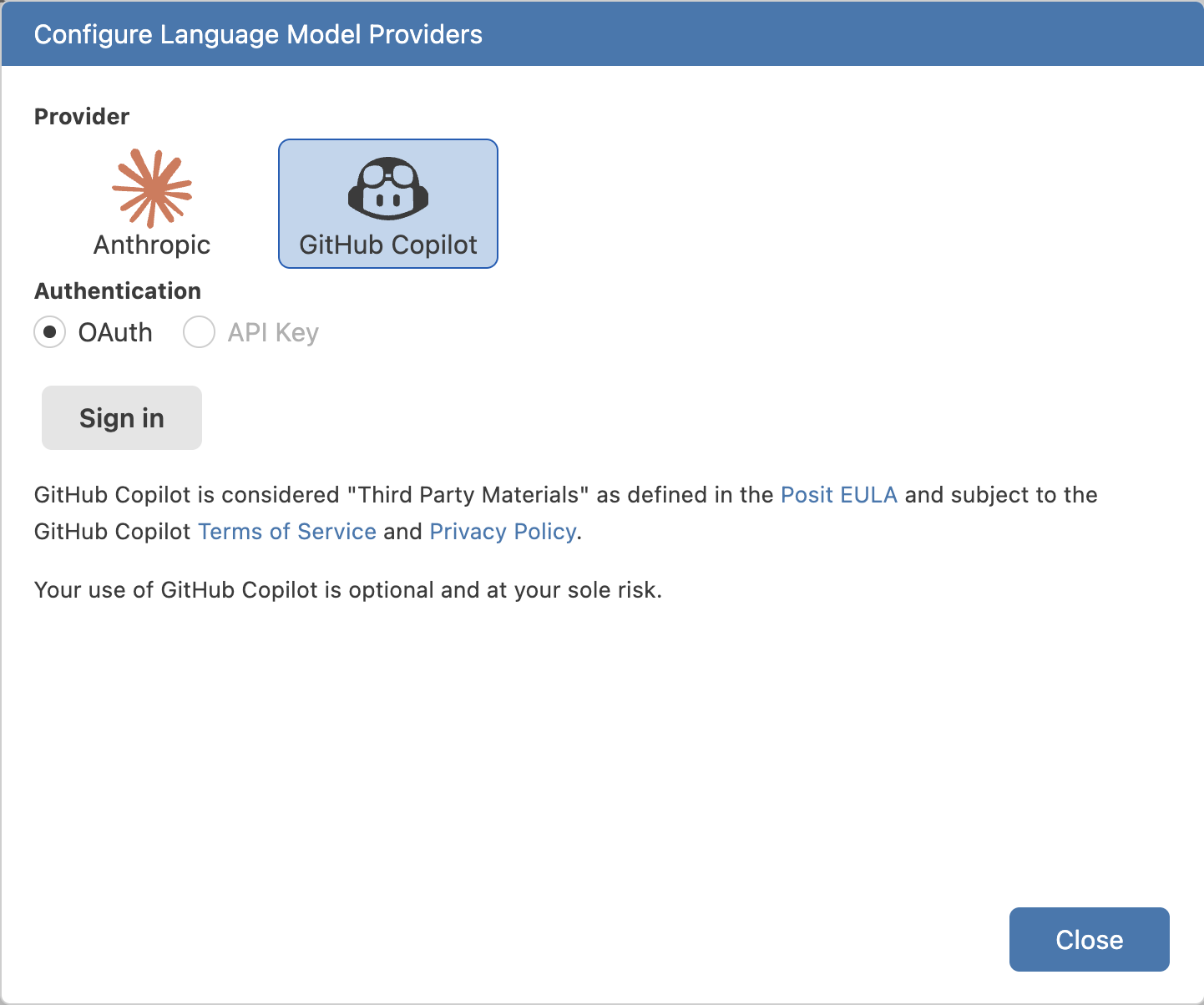 GitHub Copilot selected in provider modal