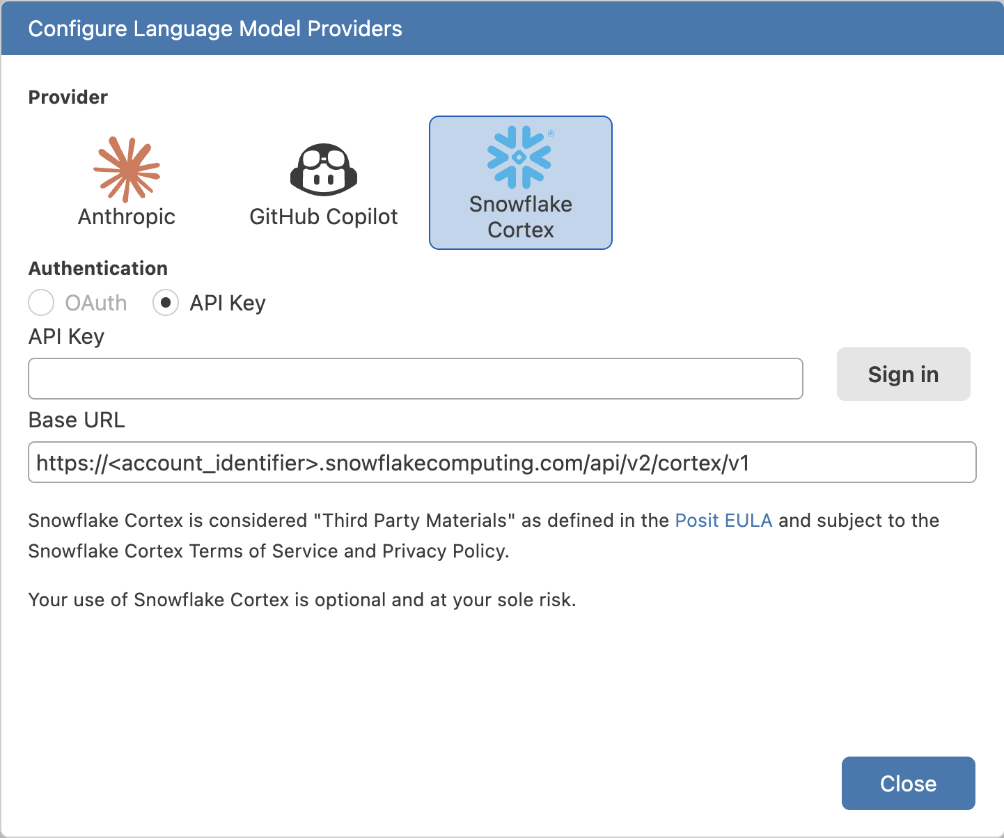 Snowflake Cortex selected in provider modal